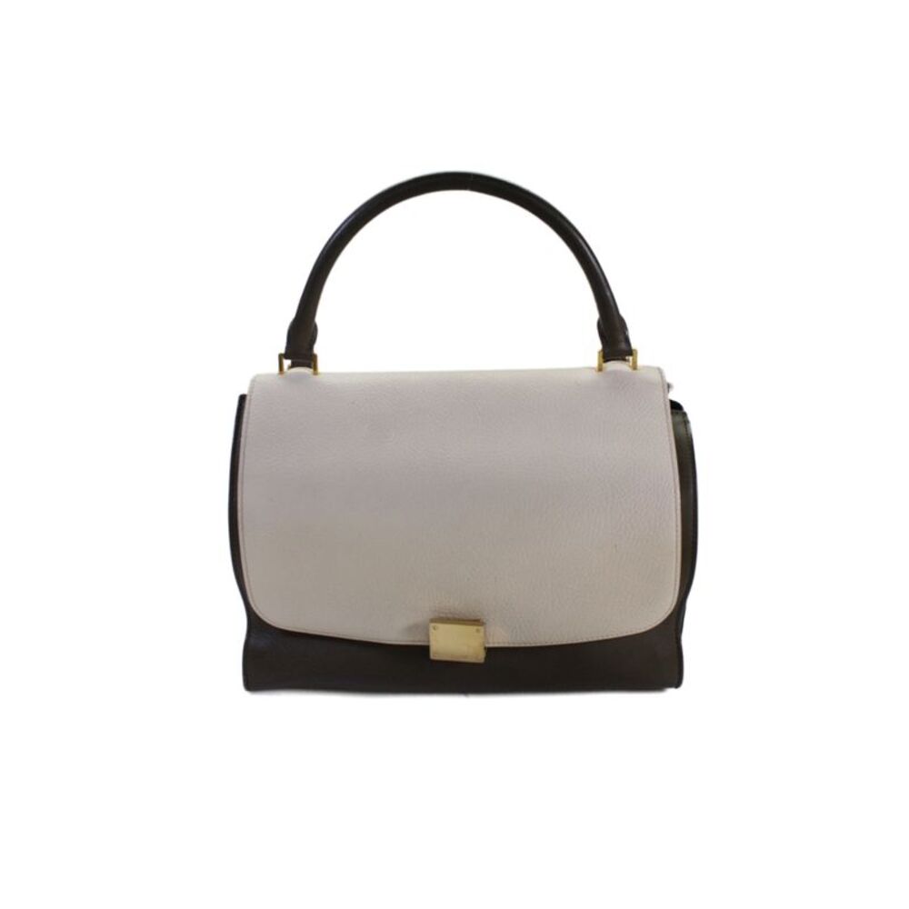 Celine Womens Leather Medium Trapeze Two Tone Cream Khaki Satchel Handbag